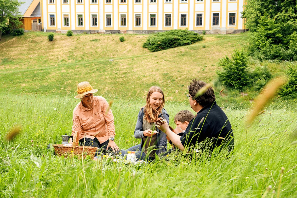 Eine Familie macht ein Picknick in der Wiese.