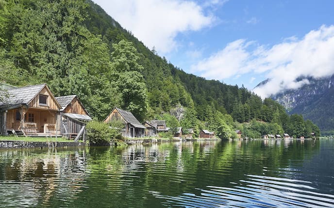 Badehäuser am Hallstätter See, Hallstatt, Salzkammergut, Oberösterreich, Ausflug