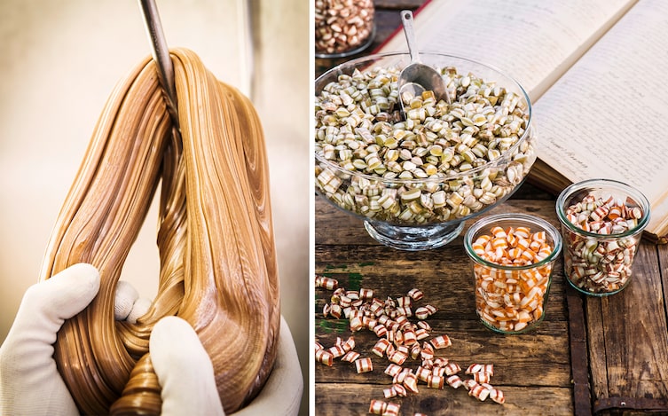 Zuckerlmasse wird bei der Herstellung von Seidenzuckerl in der Wiener Zuckerlwerkstatt von Hand in Form gezogen