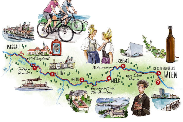 Eine Grafik vom Radwanderweg an der Donau