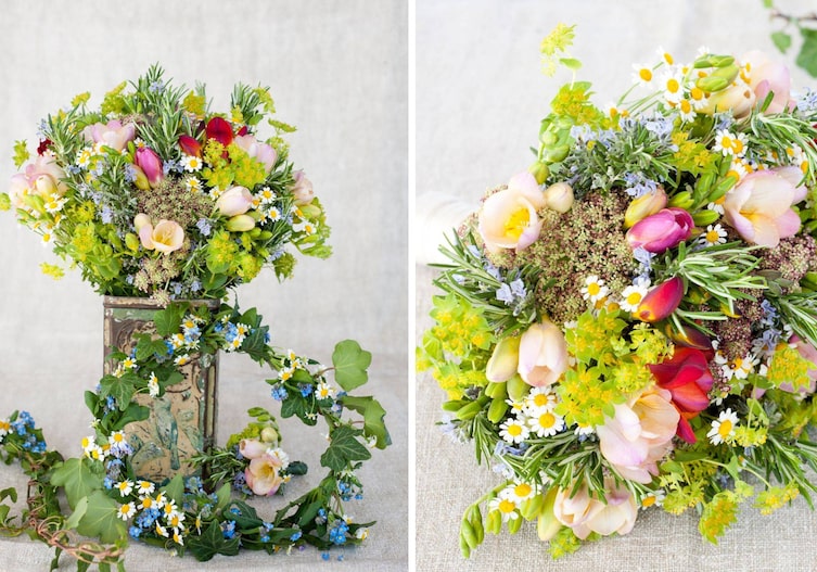 Bunter Hochzeitsstrauss mit gelben, grünen, roten, rosa Blumen, Krokussen, Margariten, Rosmarin. Die Kränze der Blumenmädchen sind aus Margeriten, Efeu und Vergissmeinnicht