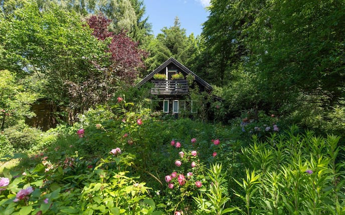 Rosengarten im Wienerwald, blühende verschiedenen Rosen, es ist Sommer, alles steht in voller Blüte, mitten im Garten steht ein kleines Holzhäuschen mit weißgrünen Balken.