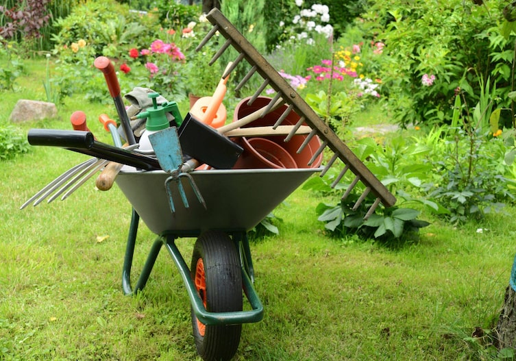 Gartenwerkzeug verschiedenster Arten in einer Scheibtruhe in einem sommerlich blühenden Garten