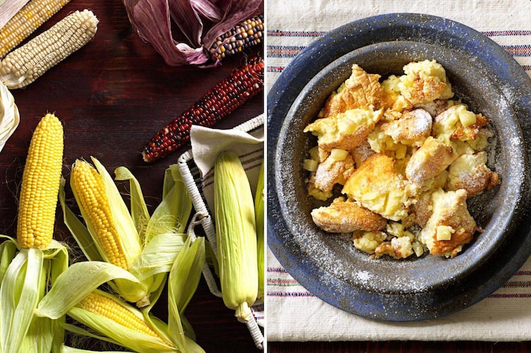 Rezepte mit Mais, Maiskolben, Polenta-Schmarrn auf einem Teller angerichtet.