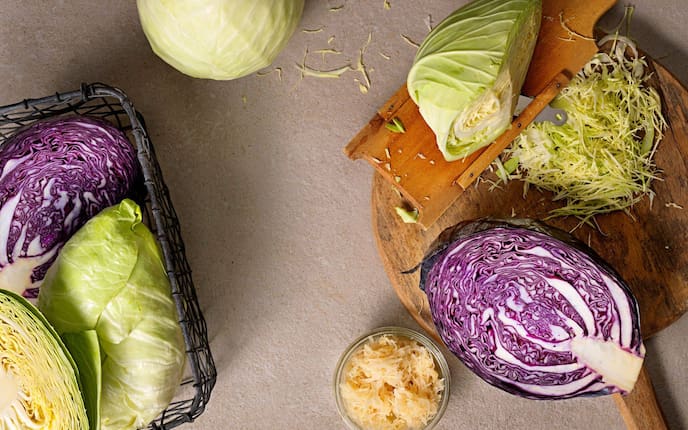 Weißkraut, Rotkraut, Spitzkraut, Krauthobel, Holzbrett, Sauerkraut
