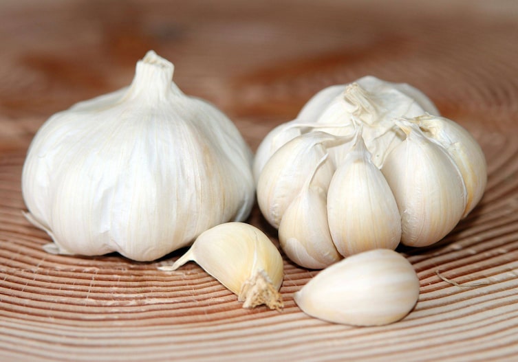zwei Knoblauchknollen nebeneinander, eine noch in der Schale die andere ohne, damit man die einzelnen Zehen sehen kann