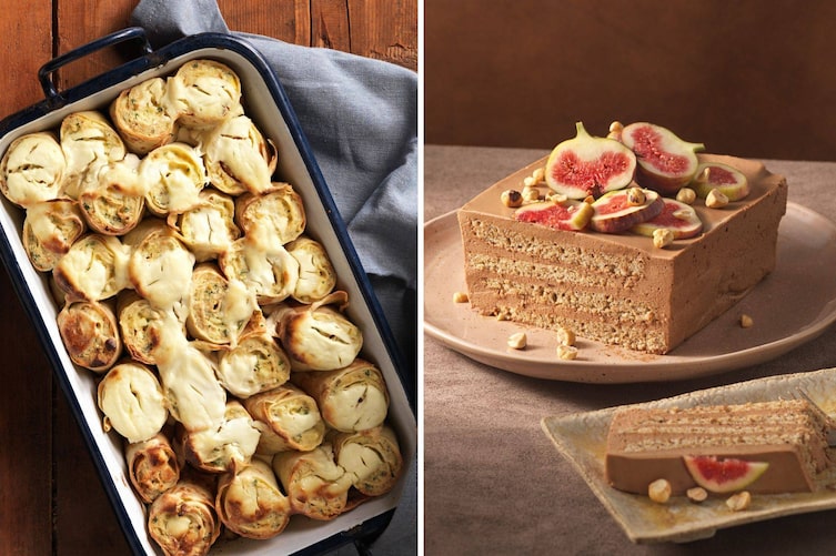 Gefüllte und überbackene Palatschinken in der Rein. Ein eckiges Stück Torte mit Cremeschichten und geschnittenen Feigen.