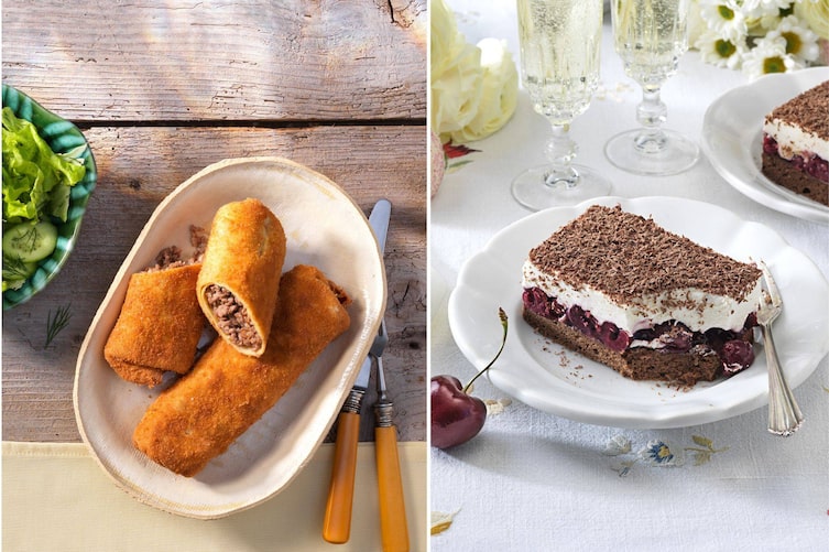 Gebackene Fleischpalatschinke auf einem ovalen Keramikteller, daneben liegt ein Vintage-Besteck mit gelben Griffen und eine grüne kleine eckige Keramikschale mit grünem Salat und Gurkenscheiben. Daneben ist ein Foto von einer festich gedeckten Hochzeitstafel mit gefüllten Sektflöten im Hintergrund davor steht ein weißer Dessertteller mit einer Weichsel-Creme-Schnitte mit Schokobröseln