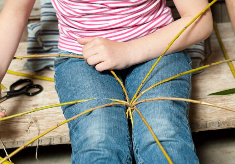 Sieben Weidenzweige, die aufgespreizt sind und zwischen Kinderbeinen eingeklemmt sind, um mit dem Flechten zu starten.