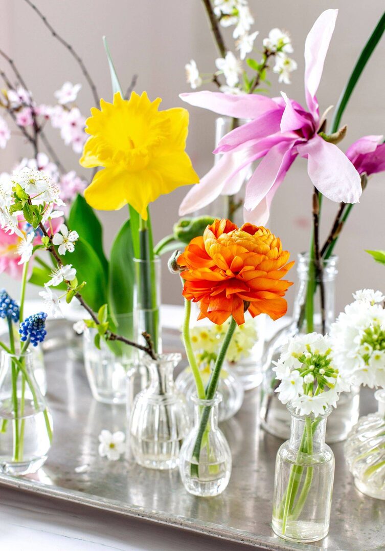 Deko mit frischen Blumen, Schnittblumen, Frühlingsblumen, Zweigen, blühenden Obstzweigen