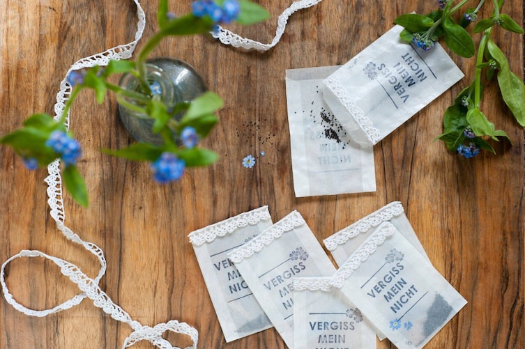 Kleine Papiersackerl auf denen Vergiss mein nicht steht - darin sind Samen vom Vergissmeinnicht. 7 Sackerl liegen auf dem Tisch, eines ist offen und die Samen liegen auf dem dunklem Holz, daneben steht eine kleine Blumenvase mit Vergissmeinnicht und die Blumen liegen auch am Tisch. Die Sackerl sind mit einem gehäkeltem Band verziert, das Bind liegt auch am Tisch