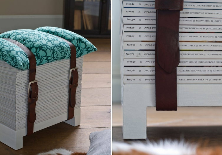 Sitzhocker auf der linken Seite. Auf der rechten Seite des Fotos eine Nahaufnahme des Hockers und von der Unterkonstruktion.