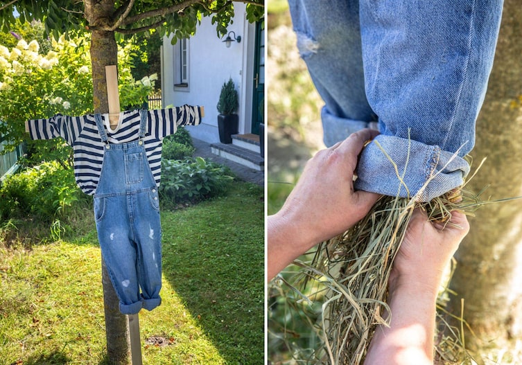 Linkes Foto: Holzkreuz lehnt an einem Baum. Shirt und Latzhose wird dem Kreuz angezogen. Rechtes Foto: Hose wird mit Stroh gestopft.