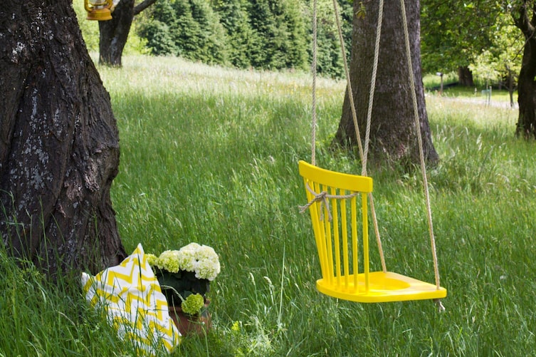 Sommerwiese mit alten Bäumen. Auf einem Baum ist ein alter gelber Holzsessel ohne Beine auf Seilen auf einem Ast als Schaukel aufgehängt.