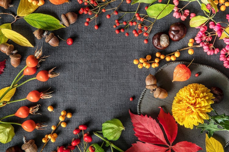 Herbstdeko Naturmaterialien basteln, Eicheln, Kastanien, Wilder Wein, Dhalien, selbermachen