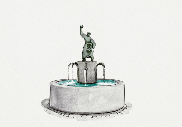 Grafik: Ein Brunnen mit einer Frauenstatue in der Mitte, die einen Knödel wirft