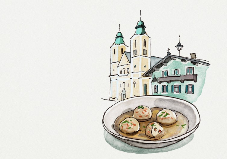 Grafik: Ein tiefer Teller mit Sauche und Knödeln. Dahinger ist eine Kirche mit zwei Türmen und ein großes Haus zu sehen. Es soll ein Dorf darstellen.