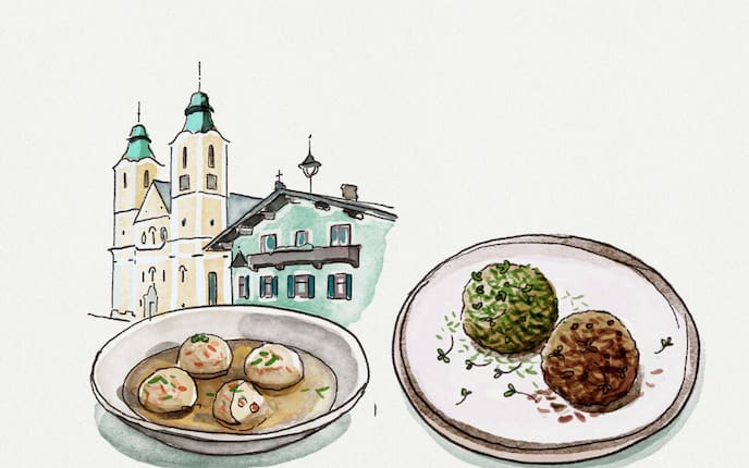 Grafiken, Dorf, Haus, Knödel mit Sauce in einem tiefen Teller, Knödel mit unterschiedlichen Bröseln auf einem anderen Teller.