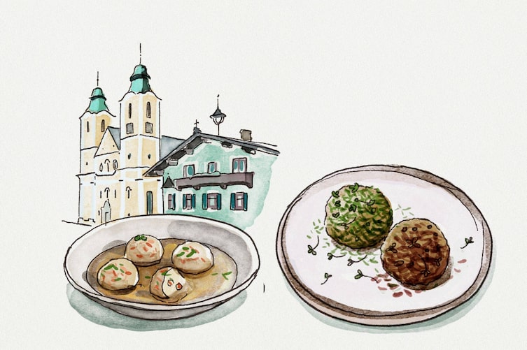 Grafiken, Dorf, Haus, Knödel mit Sauce in einem tiefen Teller, Knödel mit unterschiedlichen Bröseln auf einem anderen Teller.