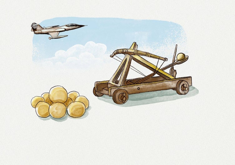 Grafik: Knödel, Überschallflieger, hölzernes Katapult mit einem Knödel
