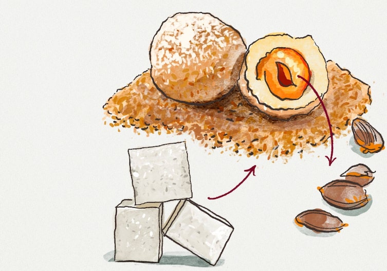Grafik, Marillenknödel mit Brösel, Kerne liegen daneben und Würfelzucker ist zu sehen