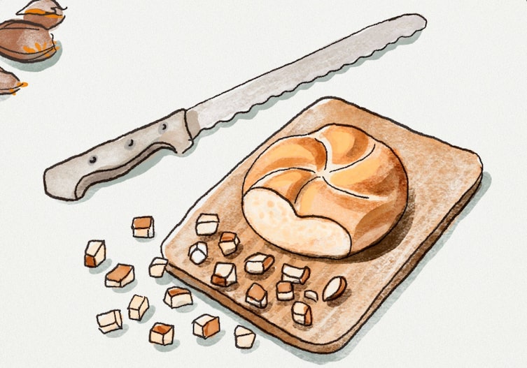 Grafik Brotmesser, Semmel, Holzbrett und kleine Semmelwürferl
