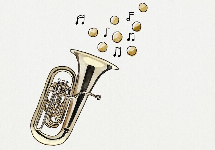 Grafik: eine Tuba, Noten und Knödel, die aus der Tuba fliegen.