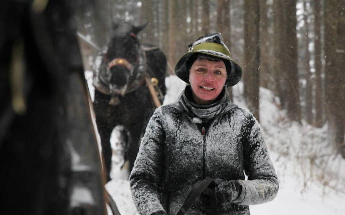 Rosserin Gerti Herzog beim Holzrücken, Heimatleuchten, Salzkammergut, Winter
