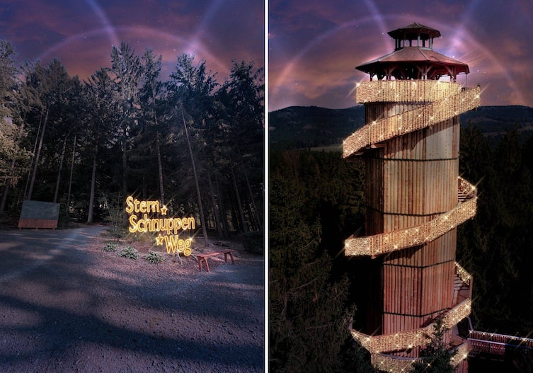 Leuchtende Aufschrift „Sternschnuppenweg" im dunklen Wald links, rechts der illuminierte Baumkronenturm der WaldEntdeckerWelt Kopfing bei Nacht