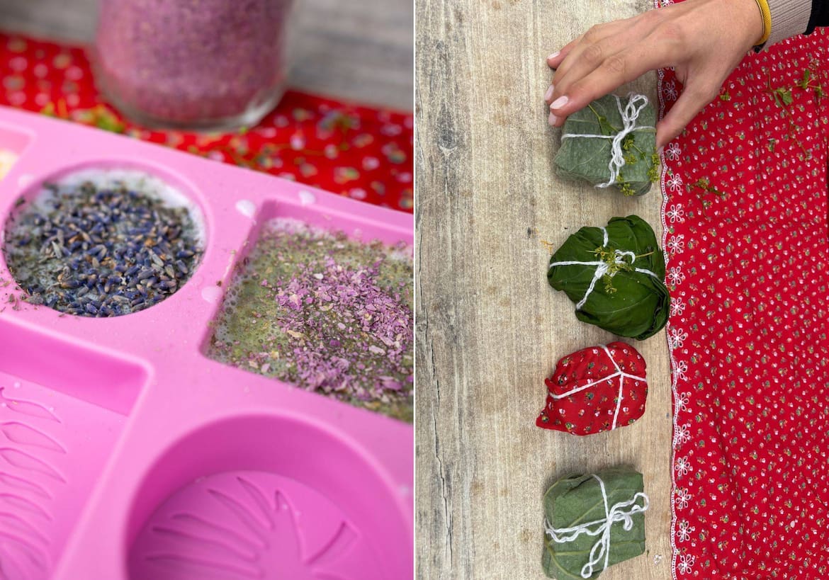 Die Seifen werden aus Rohlingen gegossen und mit getrockneten und frischen Kräutern verziert.