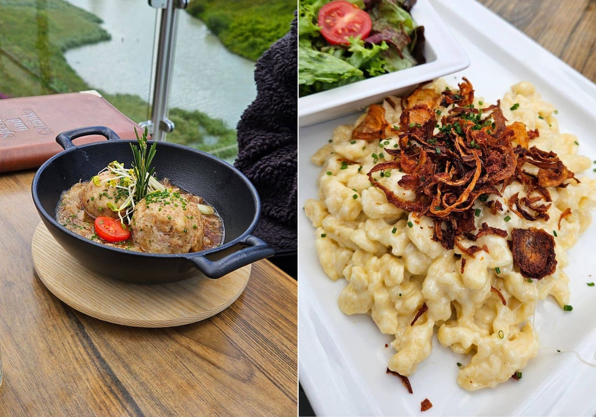 Tiroler Knödel mit Sauerkraut und Kasspatzen im Alpengasthaus Zeinisjoch.