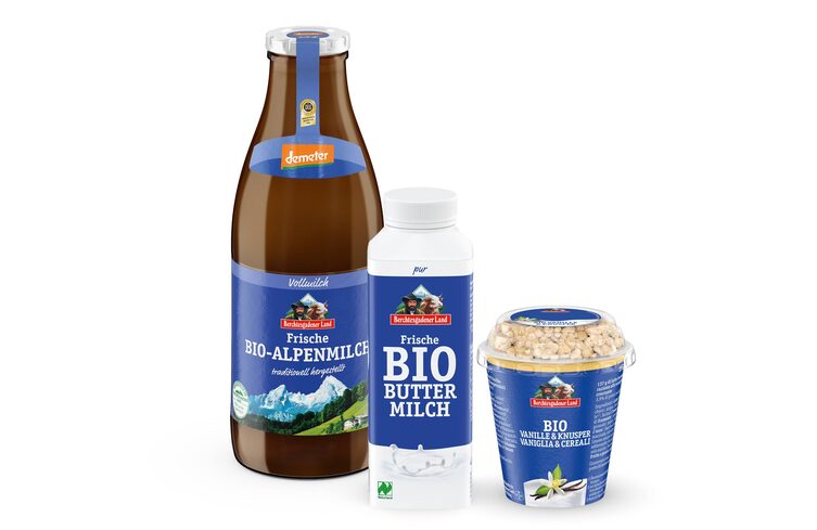 Milchflasche, Buttermilch und Joghurt vor weißem Hintergrund