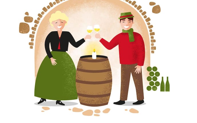 Illustration mit einem Mann und einer Frau, die über einem Weinfass mit zwei Weingläsern anstoßen.