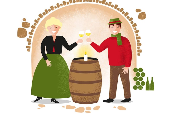 Illustration mit einem Mann und einer Frau, die über einem Weinfass mit zwei Weingläsern anstoßen.