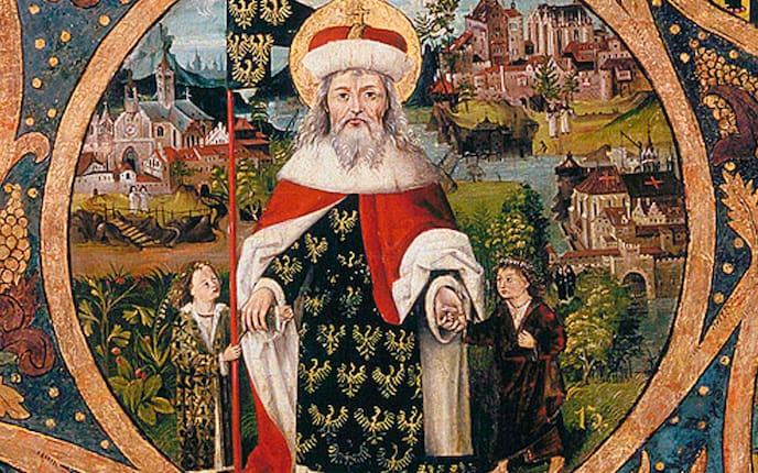 Leopold III. der Heilige vor Klosterneuburg, Babenberger Stammbaum, um 1490, Stift Klosterneuburg, Servus