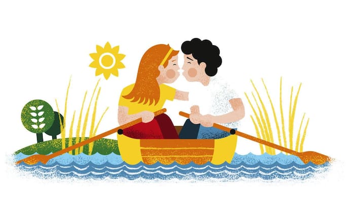 Ruderboot, Liebespaar, Bootsfahrt, Illustration, Mundart, Donau