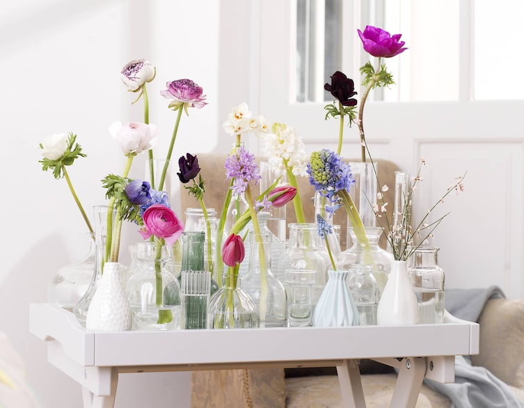 Frühlingsblumen im Glas, kleine Vasen, Glasvasen, Dekoidee, Dekotipp