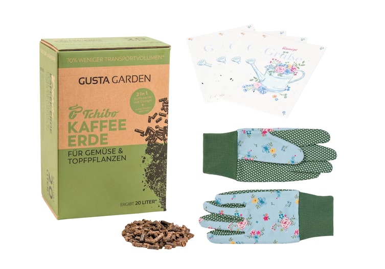 Tchibo, Kaffee-Erde, Pellets, Gartenhandschuhe, Glückwunschkarte