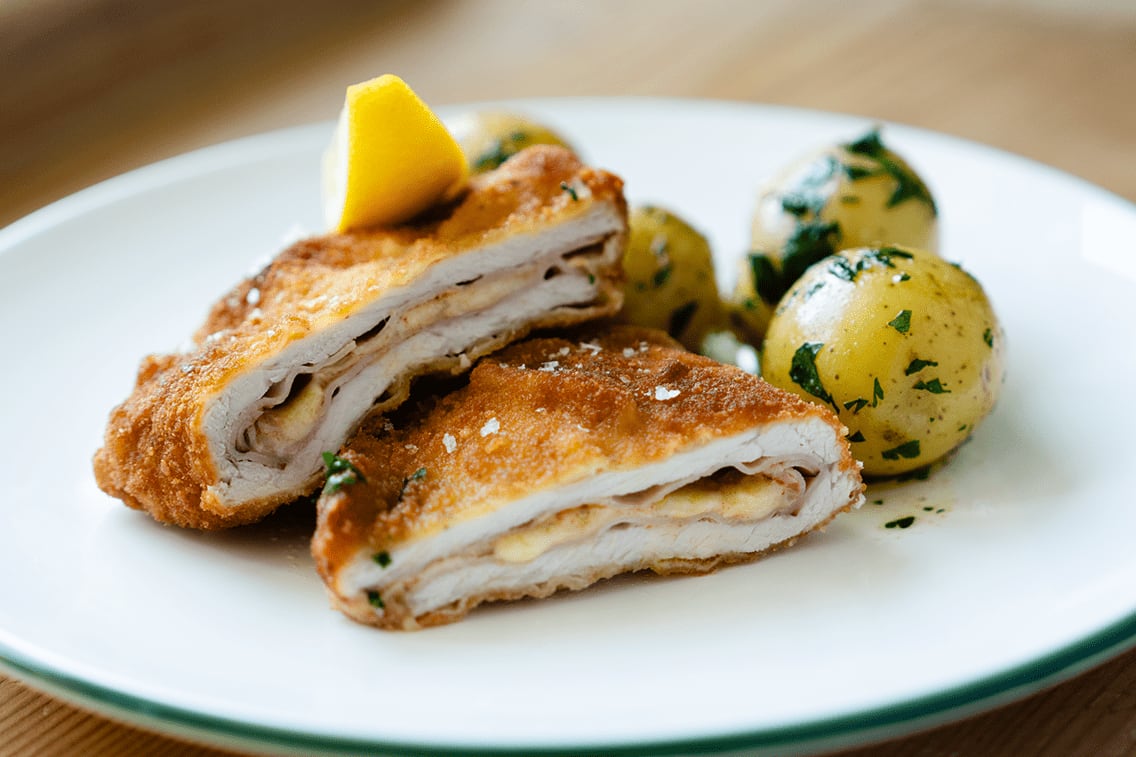 Zu sehen ist ein Cordon Bleu mit Petersilerdäpfeln.