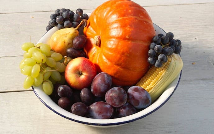 Weiße Emailleschüssel mit blauem Rand auf hellem Holzuntergrund, gefüllt mit Herbstfrüchten und -gemüse: ein orangefarbener Kürbis in der Mitte, umgeben von grünen und blau-schwarzen Weintrauben, Zwetschgen, einem Apfel, einer Birne und einem Maiskolben.