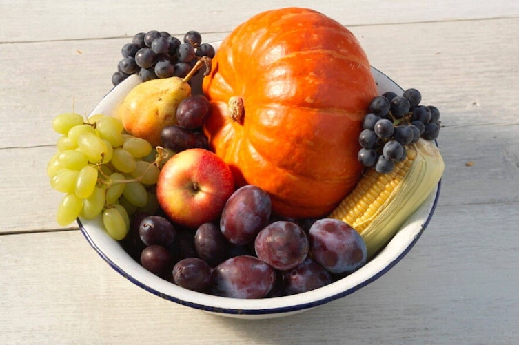 Weiße Emailleschüssel mit blauem Rand auf hellem Holzuntergrund, gefüllt mit Herbstfrüchten und -gemüse: ein orangefarbener Kürbis in der Mitte, umgeben von grünen und blau-schwarzen Weintrauben, Zwetschgen, einem Apfel, einer Birne und einem Maiskolben.
