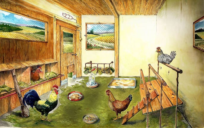 Garten, Tiere, Hühner, Hühnerstall, Illustration
