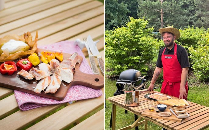 Grillweltmeister Patrick Bayer am Grill, Schweinekotelettes, Grillmenü