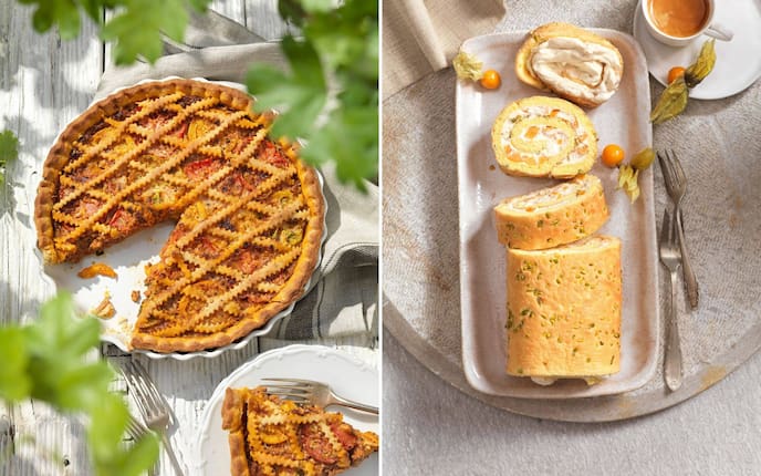 Rezepte aus dem Augustgarten, Tomatenkuchen, Physalisroulade
