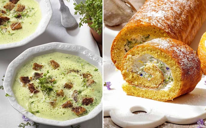 Grüne Frühlingsgerichte: eine herrliche Kresse-Rahmsuppe und eine süße Roulade mit Kräutern.