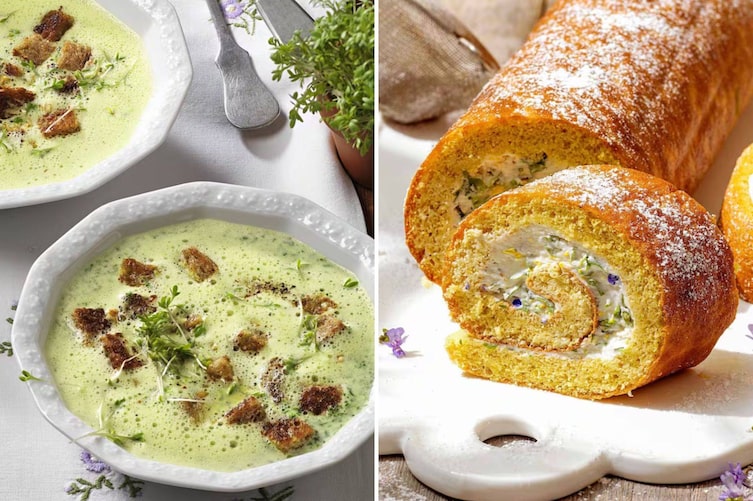 Grüne Frühlingsgerichte: eine herrliche Kresse-Rahmsuppe und eine süße Roulade mit Kräutern.