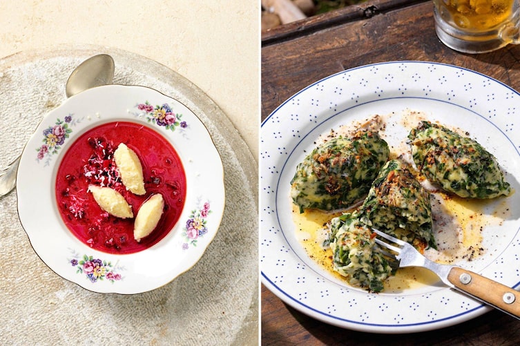 Zwei herzhafte Nockerl-Gerichte: links Krennockerln in leuchtend roter Rote-Rüben-Suppe auf einem Blumenteller, rechts Spinat-Topfen-Nockerln mit Bergkräuterbutter und gerösteten Bröseln auf einem blau gepunkteten Teller.