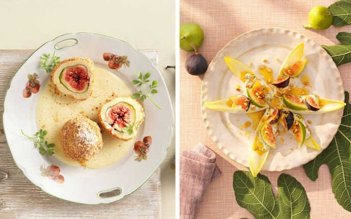Links: Ziegentopfenknödel mit Feigen gefüllt auf Mandelcreme, angeschnitten auf weißem Porzellaneller mit Blumendekor.  Rechts: Feigen mit Ricotta und Chicorée auf weißem Teller, garniert mit Pinienkernen und Orangenschale, von oben fotografiert.