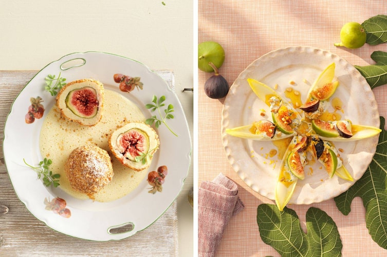 Links: Ziegentopfenknödel mit Feigen gefüllt auf Mandelcreme, angeschnitten auf weißem Porzellaneller mit Blumendekor.  Rechts: Feigen mit Ricotta und Chicorée auf weißem Teller, garniert mit Pinienkernen und Orangenschale, von oben fotografiert.