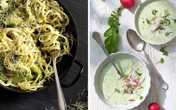 Das Bild zeigt zwei Gerichte nebeneinander. Links: Spaghetti mit Brokkoli in einer schwarzen Pfanne auf dunklem Schieferuntergrund. Die Pasta ist großzügig mit hellen, zarten Sprossen und geriebenem Käse bestreut. Eine silberne Gabel steckt in der Mitte. Rechts: Zwei weiße Suppenschalen mit einer hellgrünen Cremesuppe auf weißem Holzuntergrund. Beide Schalen sind mit roten Radieschenstreifen und kleinen grünen Sprossen garniert. Daneben frische, rote Radieschen. Zwei silberne Löffel liegen dekorativ dazwischen.